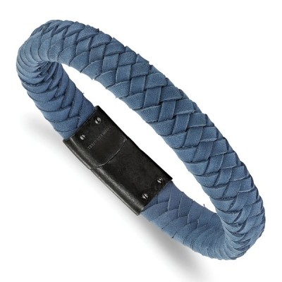 Stainless Steel Simple Brushed Light Blue Leather Braided 8.25 Inch Bracelet